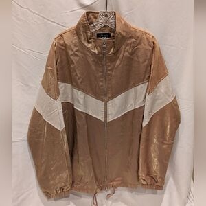 Blue Blush Track Bomber Jacket Iridescent Beige Gold & White Chevron Stripe LG